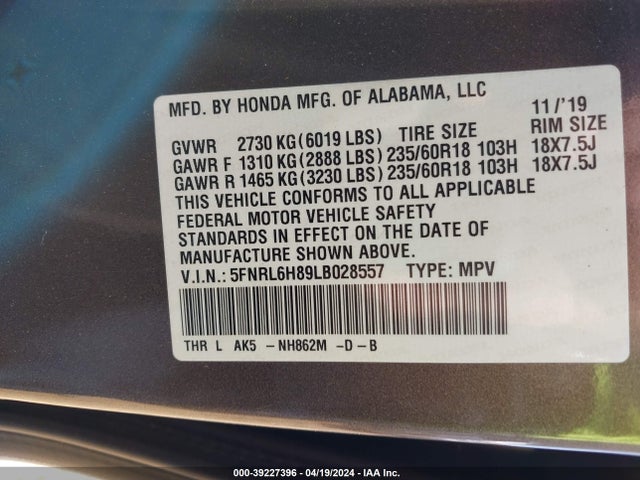 Honda Odyssey Touring 2020 5FNRL6H89LB028557 Image 9