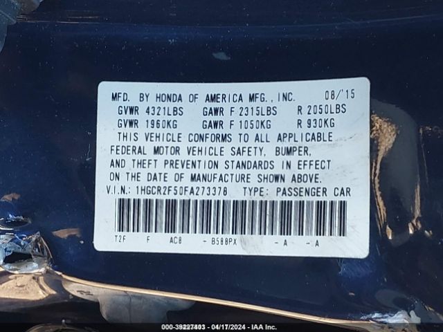 1HGCR2F50FA273378 Honda Accord Sport