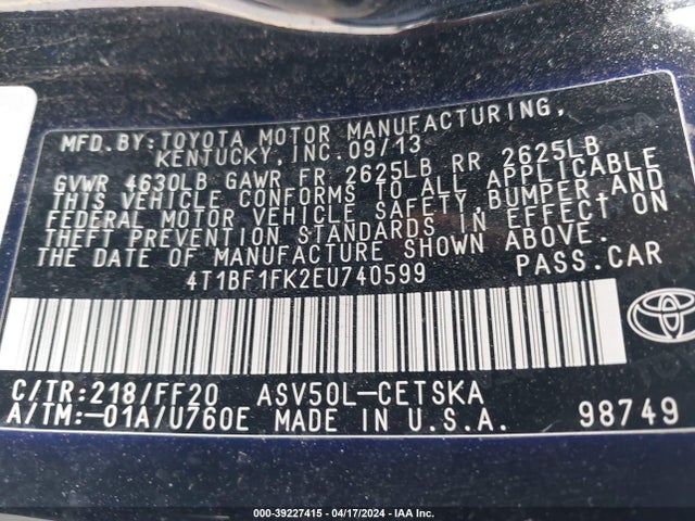 Toyota CAMRY SE 2014 4T1BF1FK2EU740599 Image 9