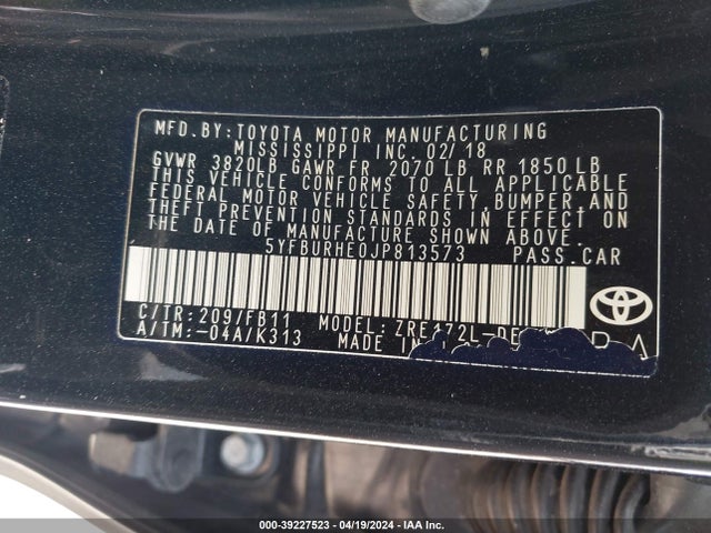 Toyota COROLLA LE 2018 5YFBURHE0JP813573 Image 9