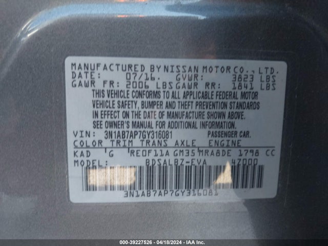 Nissan SENTRA S 2016 3N1AB7AP7GY316081 Image 9