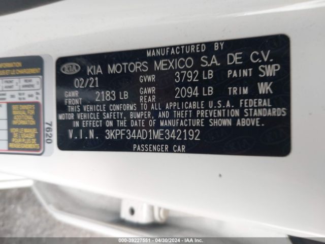 3KPF34AD1ME342192 KIA Forte Gt-line
