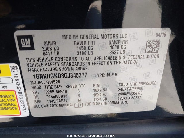 Chevrolet Traverse 1lt 2016 1GNKRGKD8GJ345277 Image 9