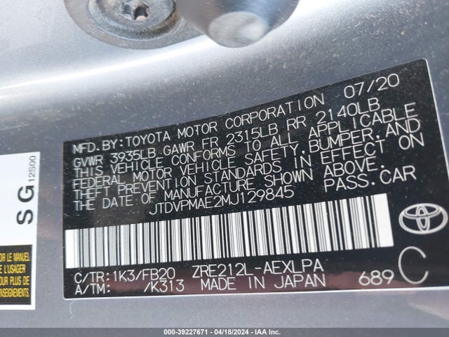 Toyota COROLLA LE 2021 JTDVPMAE2MJ129845 Image 9