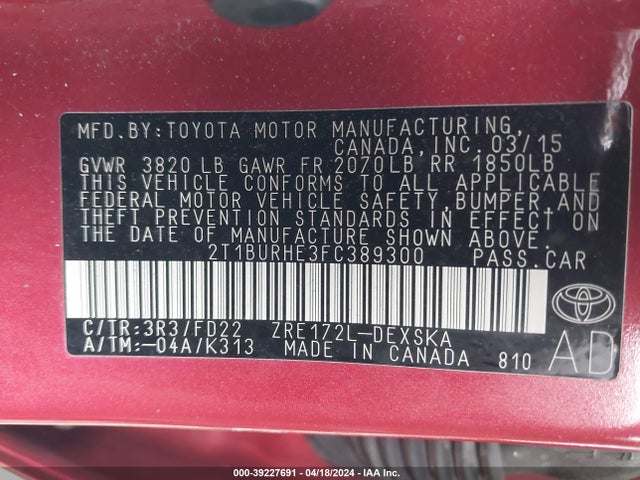 Toyota Corolla S Plus 2015 2T1BURHE3FC389300 Image 9