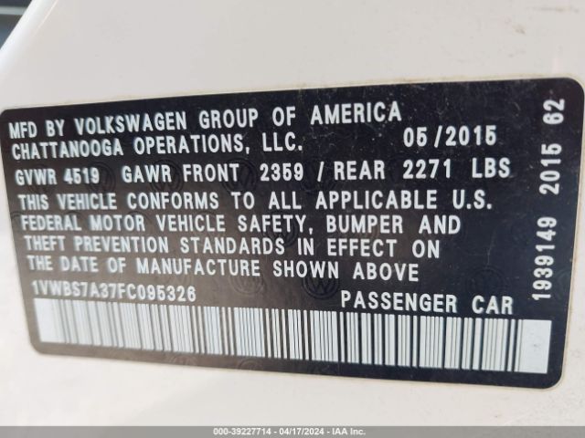 1VWBS7A37FC095326 Volkswagen Passat 1.8t Sport