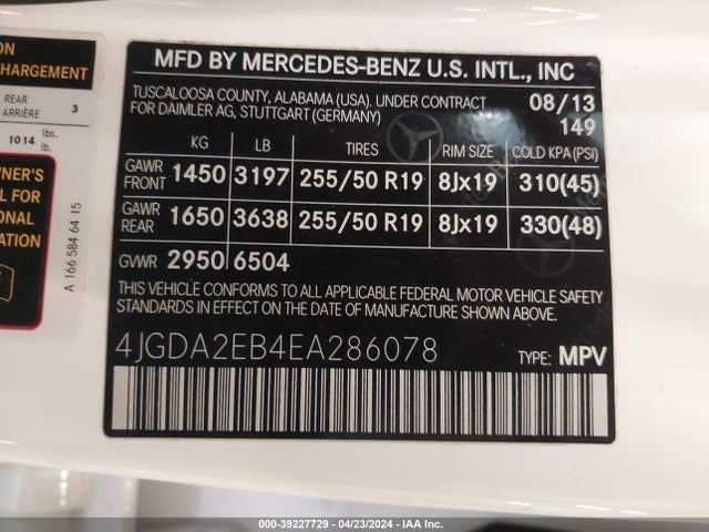4JGDA2EB4EA286078 Mercedes-Benz Ml 350 Bluetec 4matic
