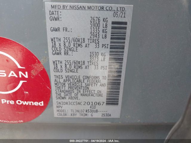 5N1DR3CC5NC201067 Nissan Pathfinder Sl 4wd
