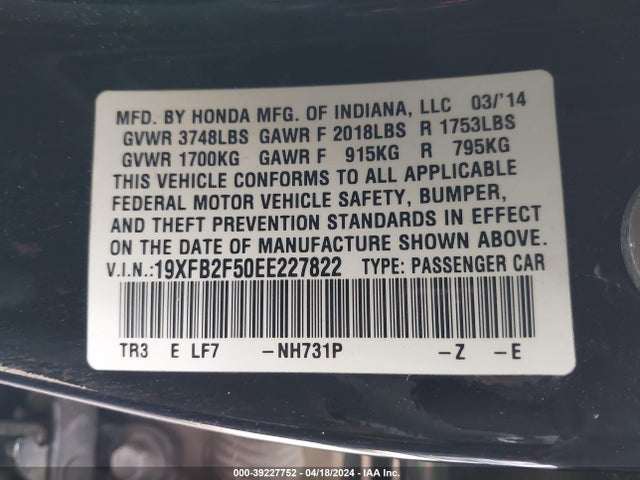 Honda Civic Lx 2014 19XFB2F50EE227822 Image 9