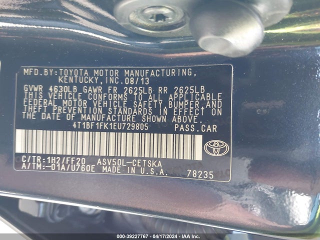 39227767 :رقم المزاد ، 4T1BF1FK1EU729805 vin ، 2014 Toyota Camry Se مزاد بيع