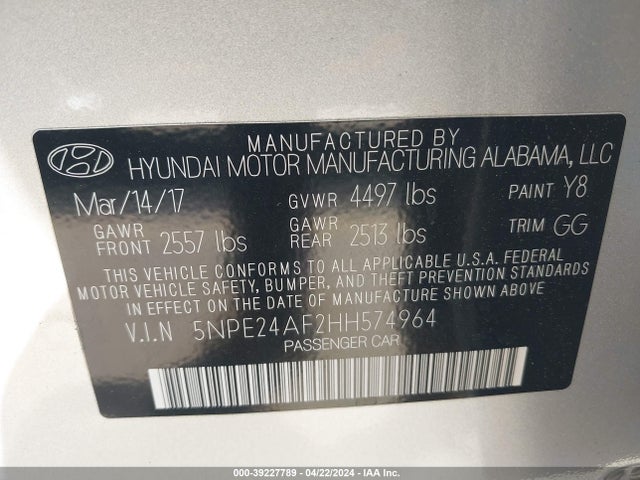 Hyundai SONATA SE 2017 5NPE24AF2HH574964 Image 9