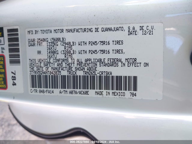 Toyota Tacoma Sr 2022 3TYRX5GN4NT042035 Image 9