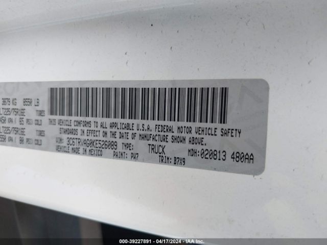 3C6TRVAG0KE526089 RAM Promaster 1500 Low Roof 136 Wb