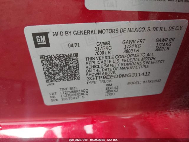 3GTP9EED9MG311411 GMC Sierra 1500 4wd  Short Box At4