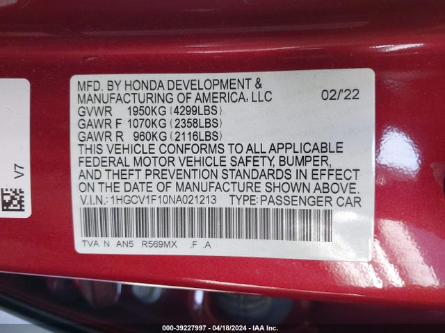 Honda ACCORD LX 2022 1HGCV1F10NA021213 Image 9