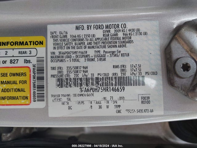 Ford FUSION SE 2017 3FA6P0H75HR146659 Image 9