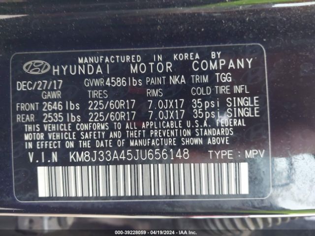KM8J33A45JU656148 Hyundai TUCSON SEL