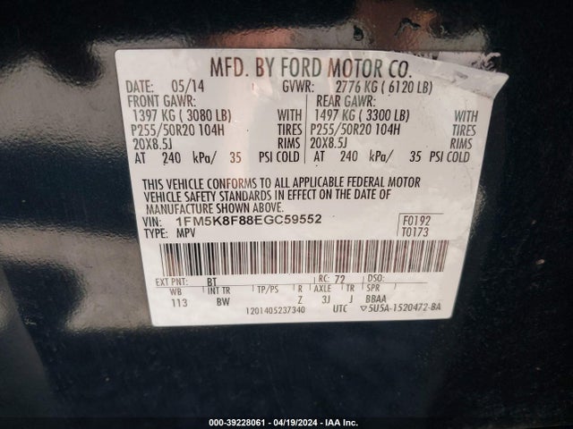 Ford Explorer Limited 2014 1FM5K8F88EGC59552 Image 9