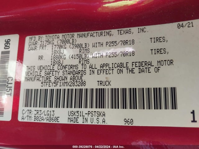 Toyota Tundra Sr5 2021 5TFEY5F1XMX283208 Image 9