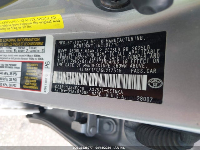 Toyota CAMRY LE 2016 4T1BF1FK7GU247519 Image 9
