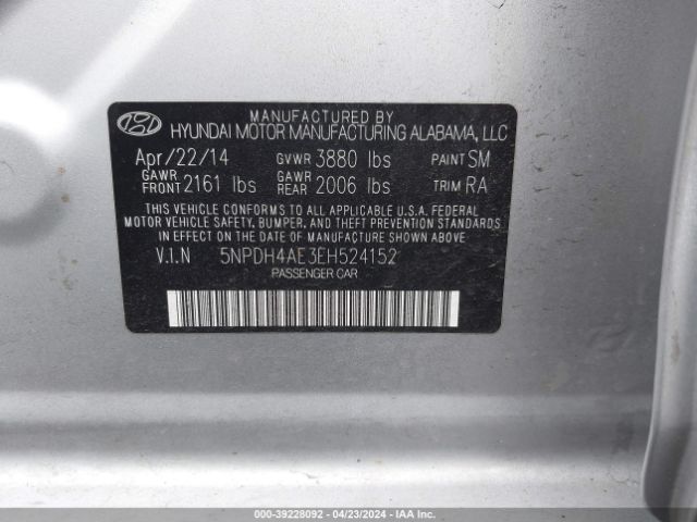 5NPDH4AE3EH524152 Hyundai ELANTRA SE