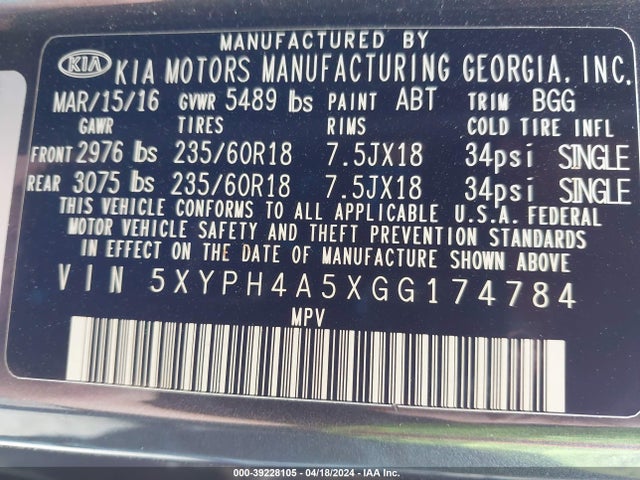 KIA Sorento 3.3l Ex 2016 5XYPH4A5XGG174784 Image 9