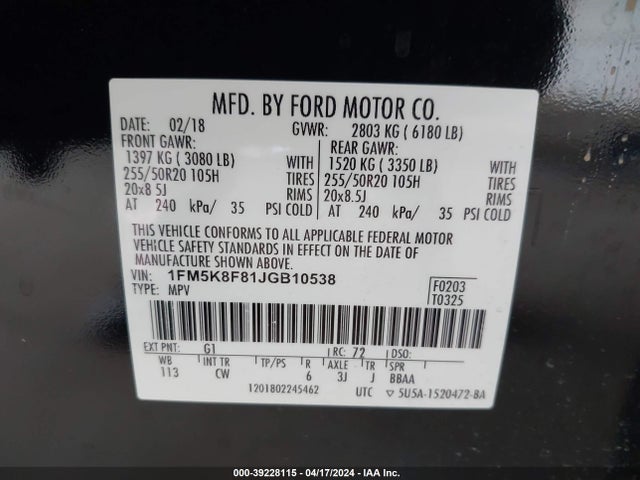 Ford Explorer Limited 2018 1FM5K8F81JGB10538 Image 9
