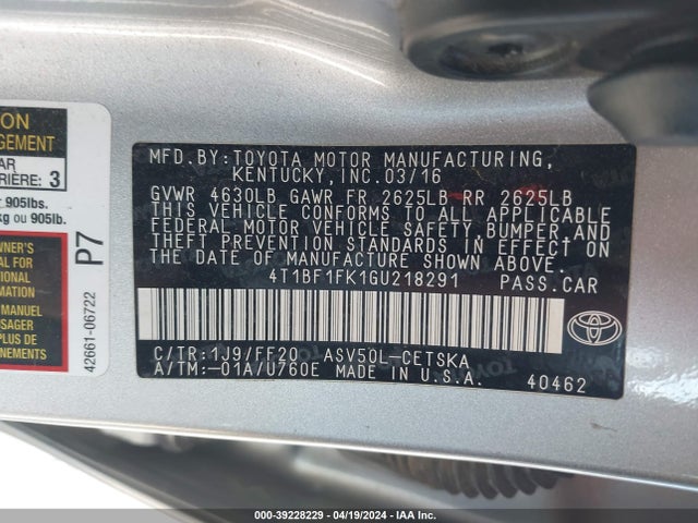 Toyota CAMRY SE 2016 4T1BF1FK1GU218291 Image 9