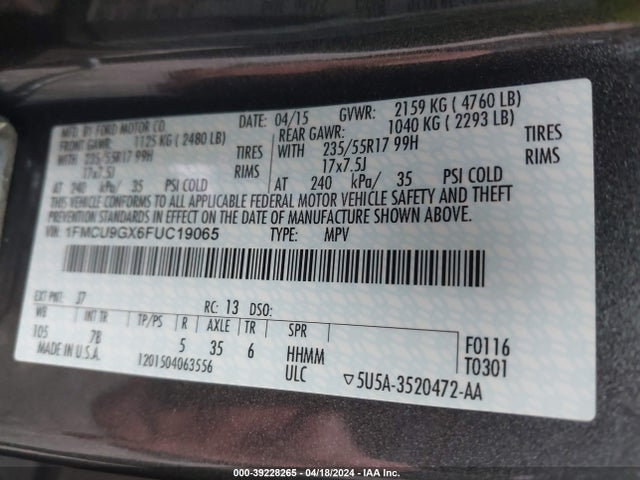 Ford ESCAPE SE 2015 1FMCU9GX6FUC19065 Image 9