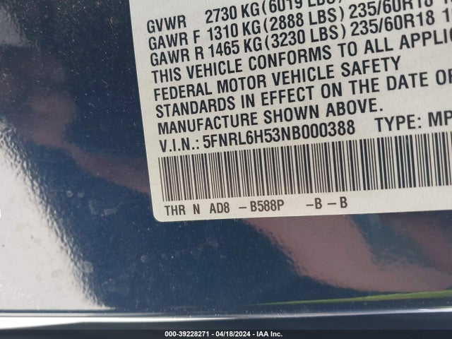 Honda ODYSSEY EX 2022 5FNRL6H53NB000388 Image 9