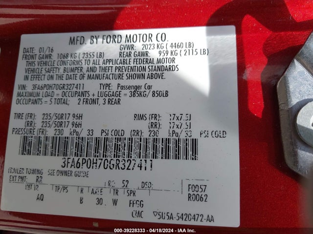 Ford FUSION SE 2016 3FA6P0H70GR327411 Image 9