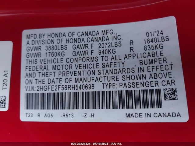 Honda Civic Sport 2024 2HGFE2F58RH540698 Image 9