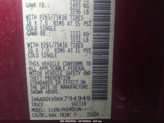1N6AD0EV0KN794949 Nissan Frontier Pro-4x