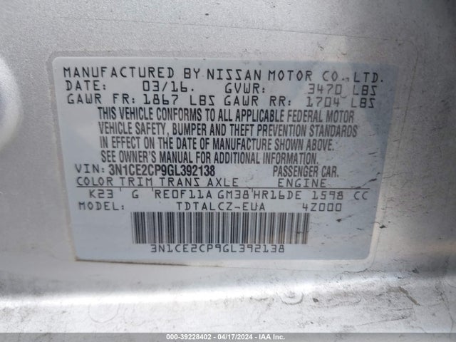 Nissan Versa Note S Plus 2016 3N1CE2CP9GL392138 Image 9
