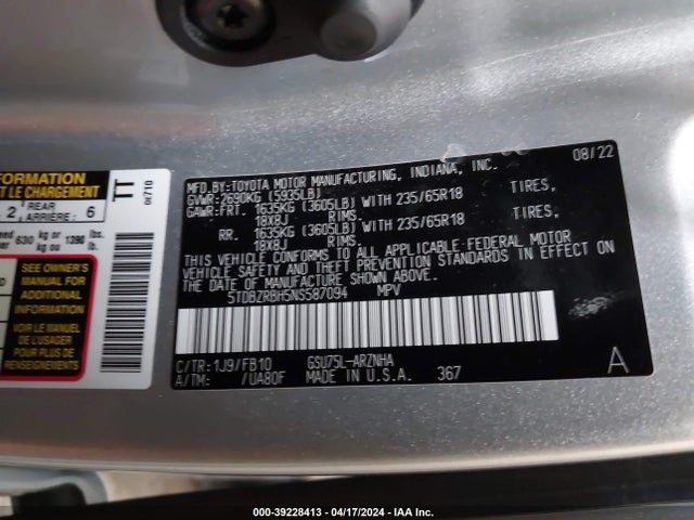 Toyota Highlander Le 2022 5TDBZRBH5NS587094 Image 9