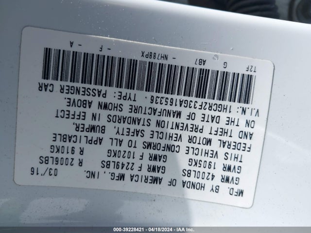 Honda ACCORD LX 2016 1HGCR2F33GA165336 Image 4