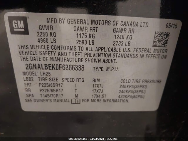 Chevrolet EQUINOX 1LT 2015 2GNALBEK0F6366338 Image 9