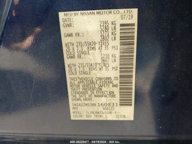 5N1AZ2MS3KN160831 Nissan MURANO SL