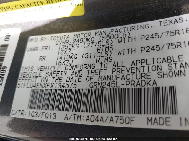 Toyota Tacoma Base V6 2015 5TFLU4ENXFX134575 Image 9