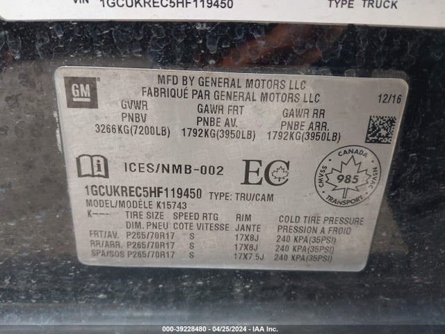 Chevrolet Silverado 1500 1lt/2lt 2017 1GCUKREC5HF119450 Image 9