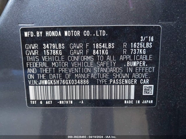 Honda FIT EX 2016 JHMGK5H76GX034886 Image 9