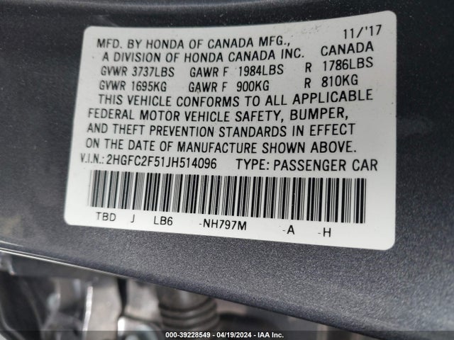 Honda Civic Lx 2018 2HGFC2F51JH514096 Image 9