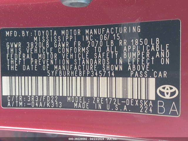 5YFBURHE8FP345714 Toyota Corolla S Plus
