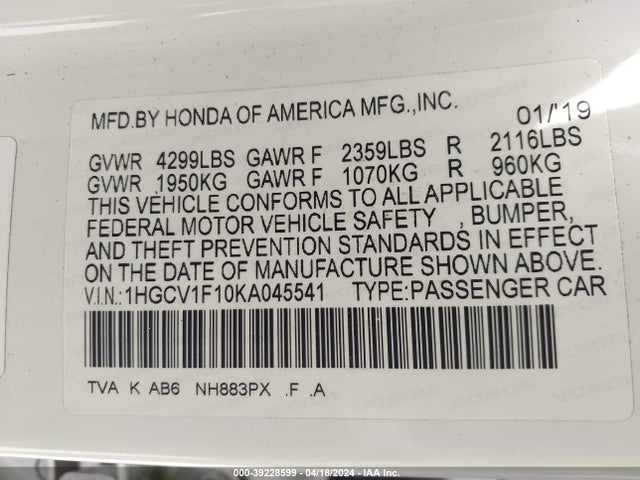 Honda ACCORD LX 2019 1HGCV1F10KA045541 Image 9