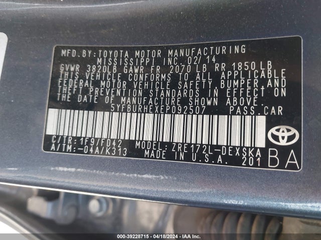 Toyota Corolla S Plus 2014 5YFBURHEXEP092507 Image 9