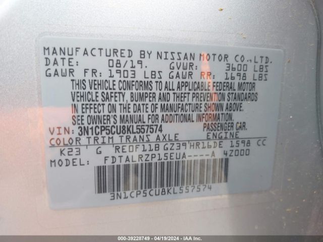 3N1CP5CU8KL557574 Nissan KICKS S