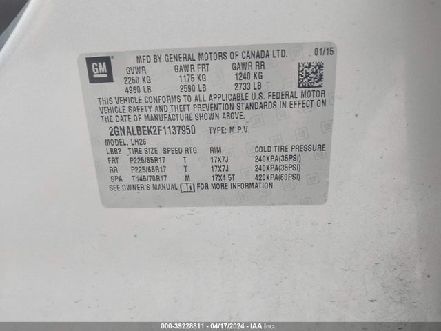 Chevrolet EQUINOX 1LT 2015 2GNALBEK2F1137950 Image 9