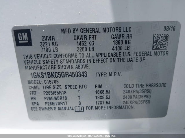 GMC YUKON SLT 2016 1GKS1BKC5GR450343 Image 9