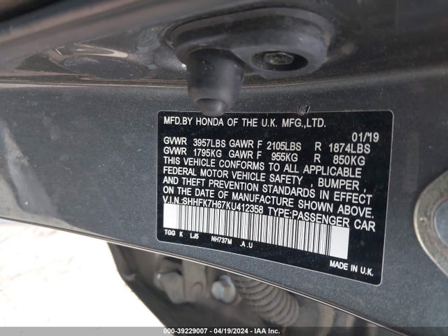Honda CIVIC EX 2019 SHHFK7H67KU412358 Image 9