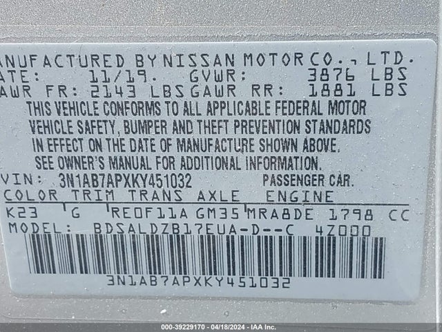 Nissan SENTRA SV 2019 3N1AB7APXKY451032 Image 9